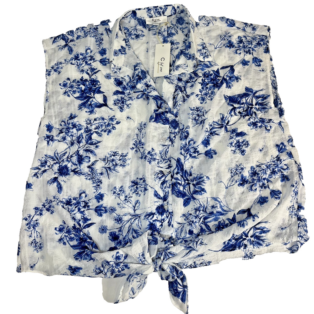 C By One Sleeveless Blouse Womens 3X Blue Floral Tie Front Top
